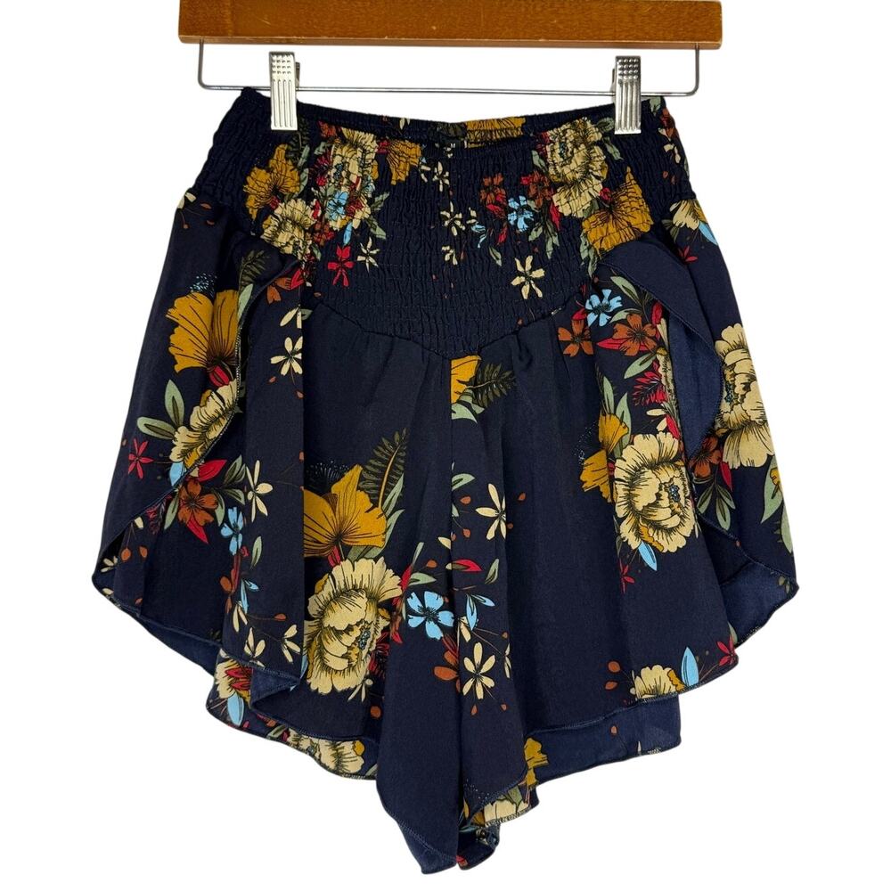 Womens Floral Boho Shorts Skort Navy Smocked Waist Flowy Size Medium
